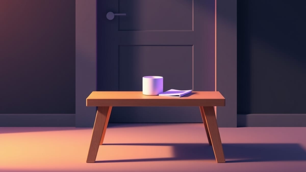 A low wooden step stool before a tall open doorway, with a plain mug and folded paper resting on it in soft side light.