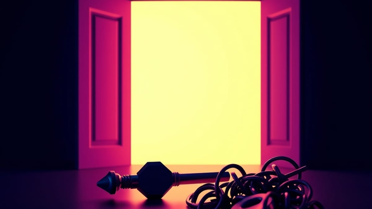 A simple key opens a glowing doorway while a tangled pile of ornate keys sits unused in shadow.