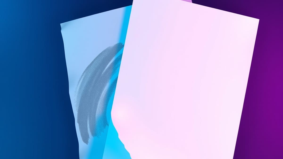 Two paper sheets, one blank and floating, one marked and pinned by a dark weight, above a trapdoor.