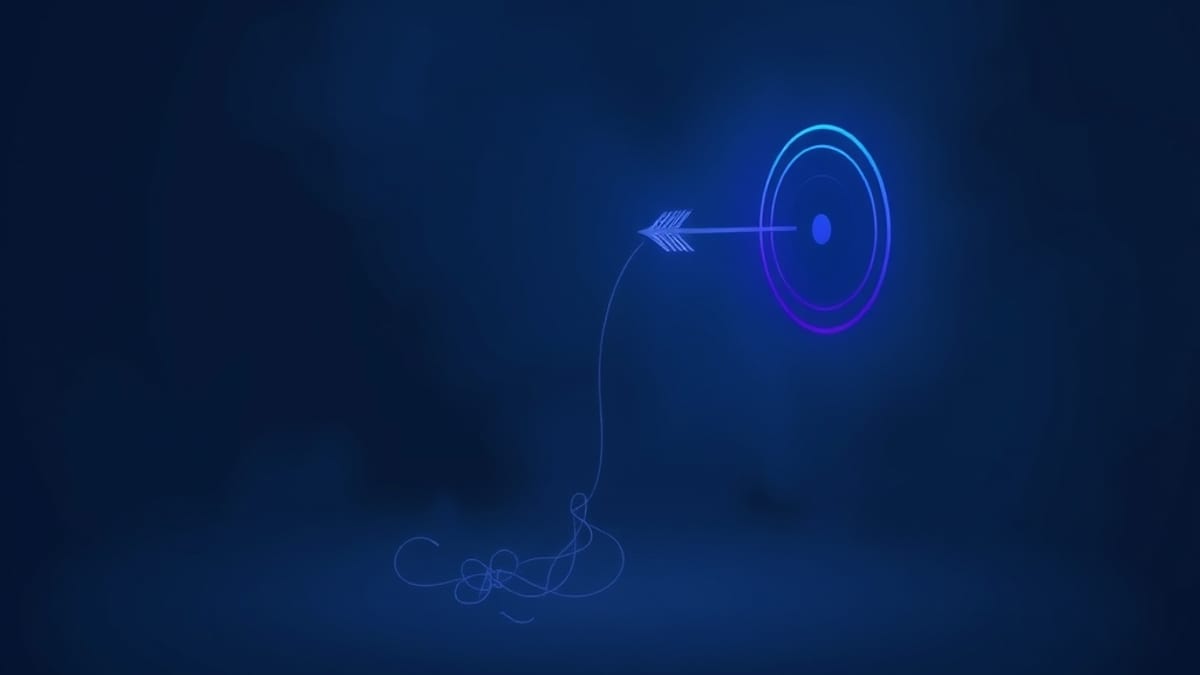 A clear arrow piercing fog toward a small target ring, while a tangled knot of threads fades into mist nearby.