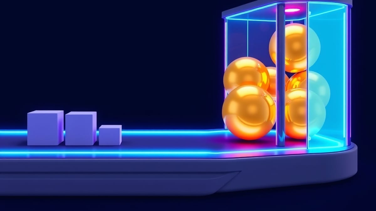 A conveyor belt splits into two lanes: small gray cubes pass an open gate, while large glowing golden spheres sit sealed behi