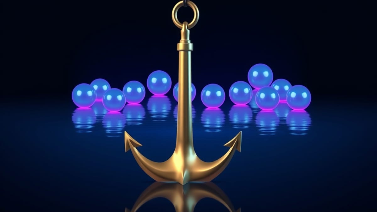 A brass anchor in dark water, its chain taut toward a cluster of identical glowing orbs that each reflect the anchor's shape.
