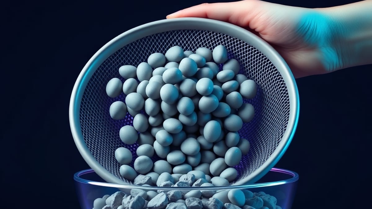 A sieve catching irregular colored nuggets while identical grey pebbles fall through into a bowl below.