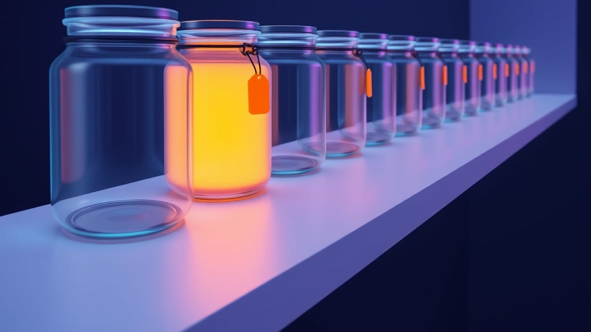 A row of identical glass jars on a shelf, each sealed with a small colored tag, one glowing warm amber while the others stay 