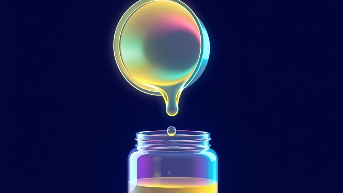 A sealed glass jar pouring liquid through a funnel into a clear mold, while stray droplets bounce off a membrane.