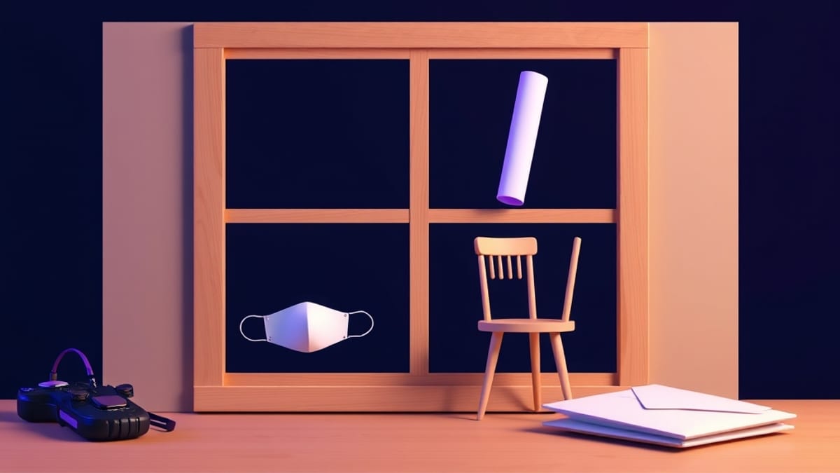 A four-part empty picture frame on a workbench, each slot holding one simple object: a mask, a rolled plan, a small chair, a 