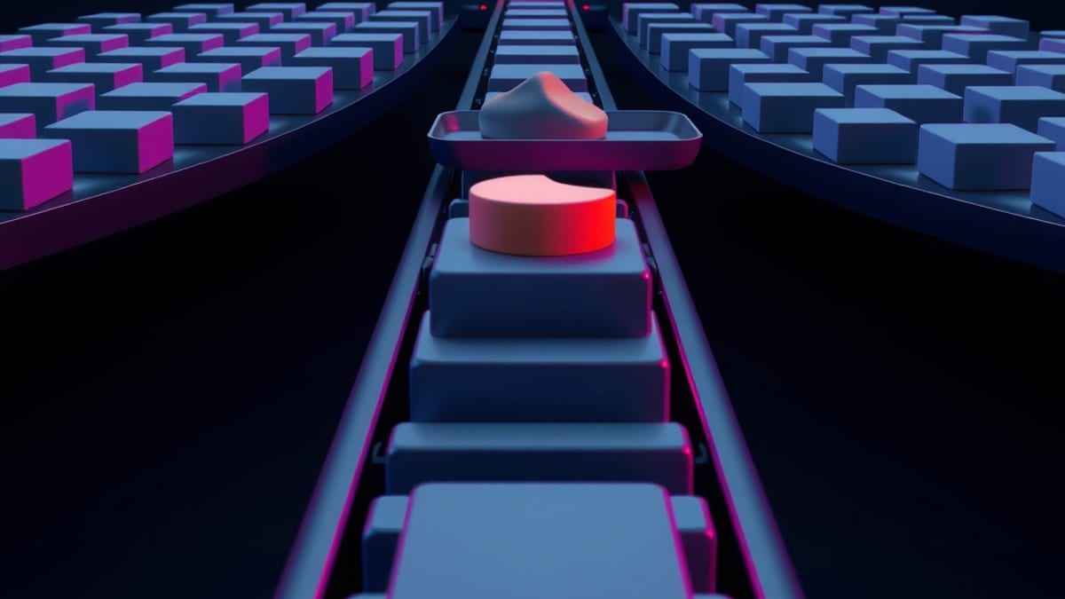 A conveyor of identical grey blocks passes a glowing panel; one block is lifted and reshaped by light while the rest stay the
