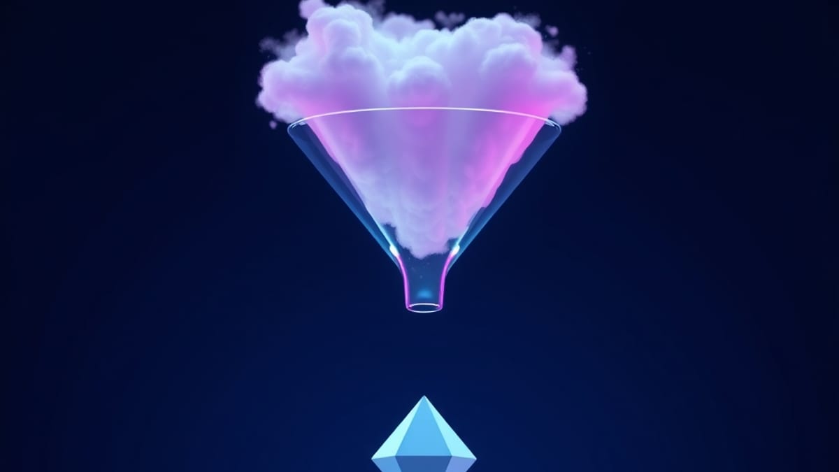 A wide blurry cloud narrowing through a glass funnel into one crisp sharp geometric form on a canvas below.