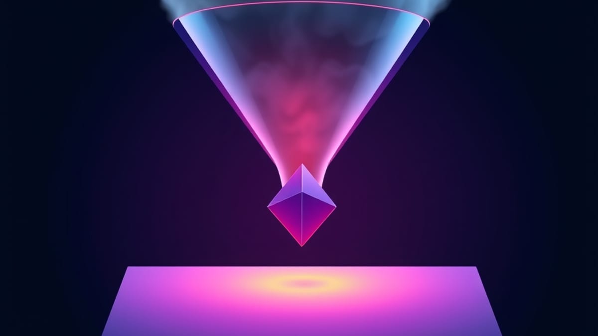 Fog pouring into a glass funnel and emerging as one crisp geometric shape landing on a blank canvas.