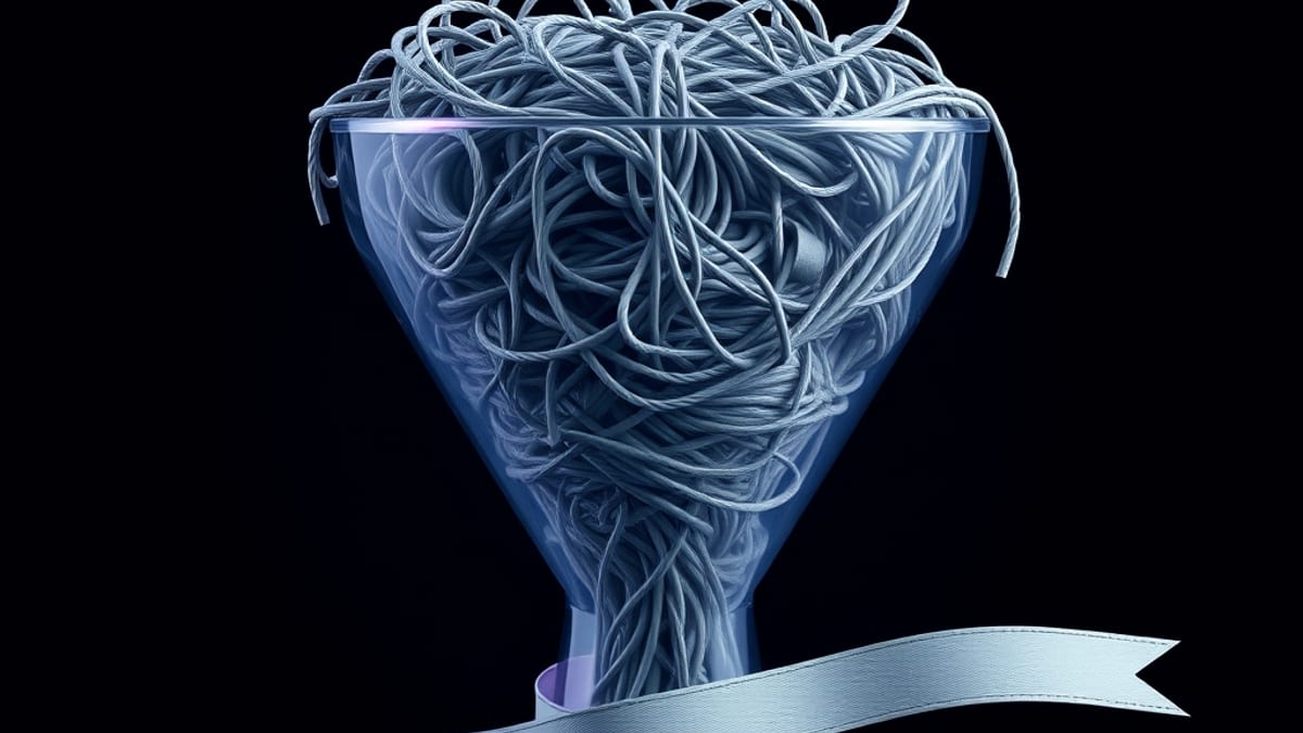 Tangled grey threads pour into a glass funnel and emerge below as four neat parallel ribbons through separate slots.