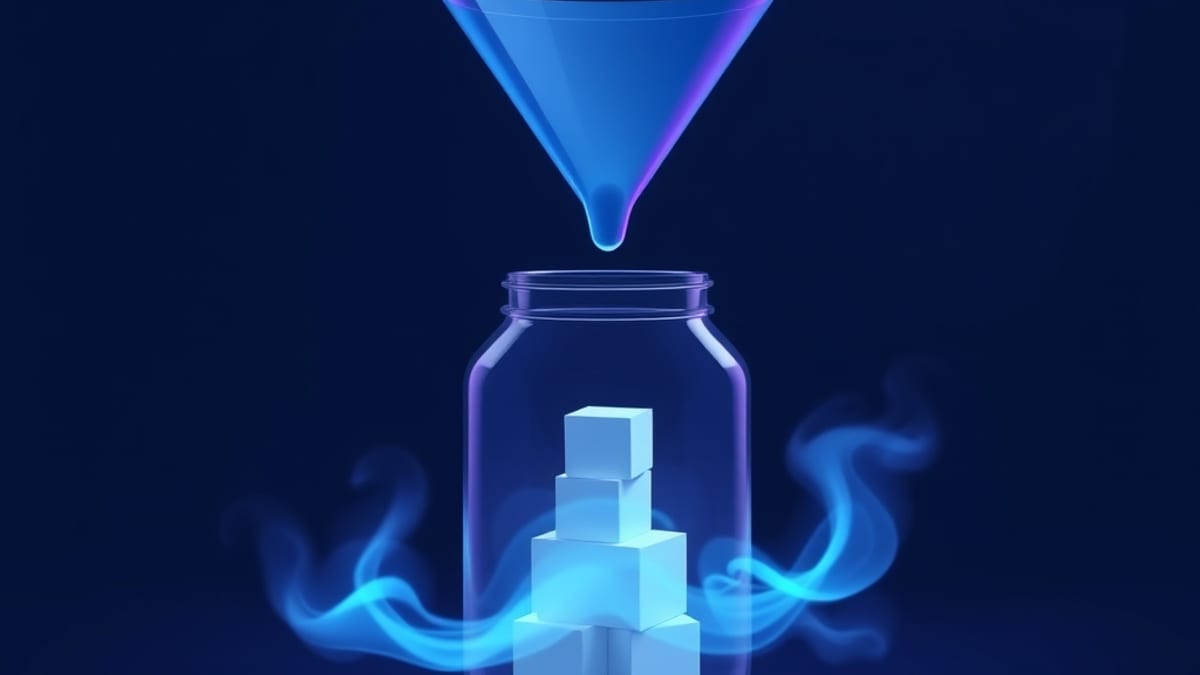 A glass funnel feeding solid cubes from a stack of source blocks into a sealed jar while glowing mist swirls outside, unable 