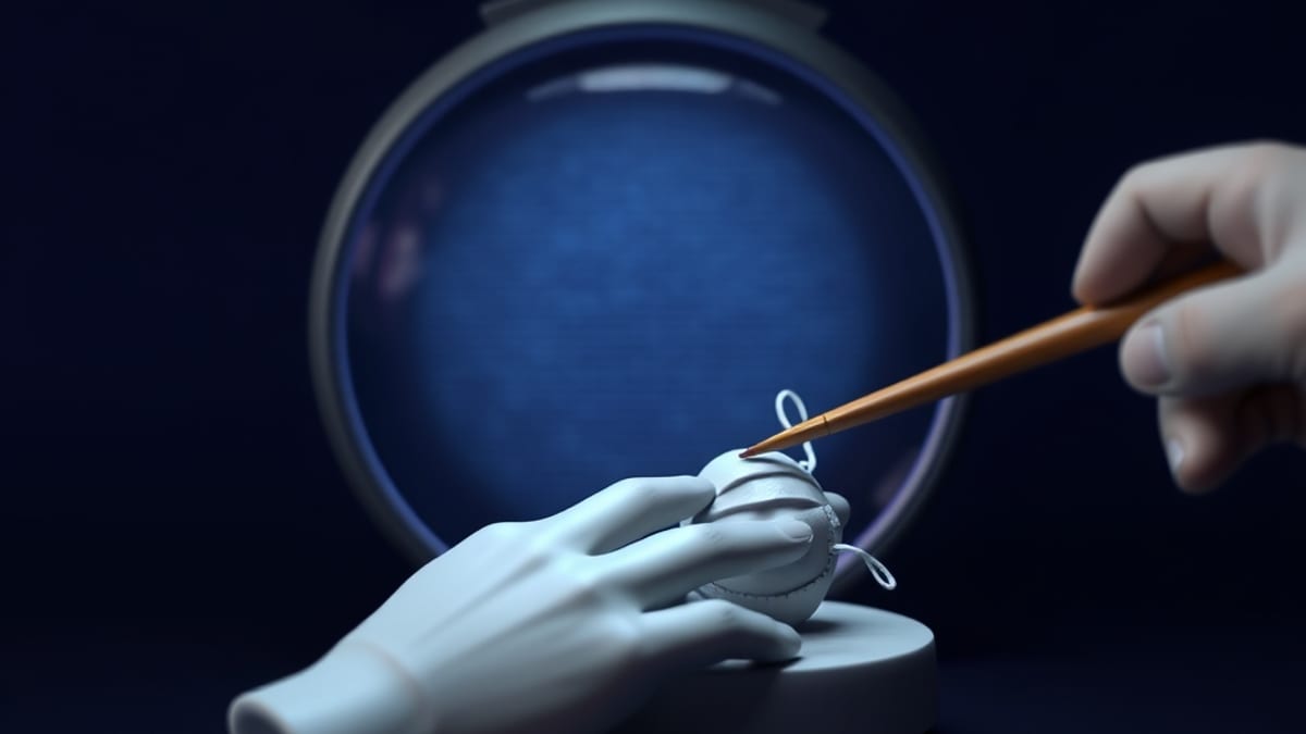 A small porcelain hand and mask on a workbench under a magnifier, with a brush repainting one finger as pixels smooth into cu