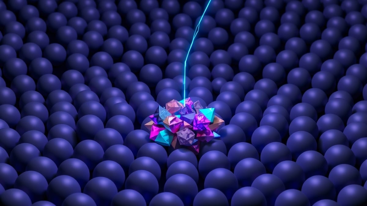 A crowded cluster of identical grey spheres at center, with one sphere pulled by a glowing thread toward distinct textured sh