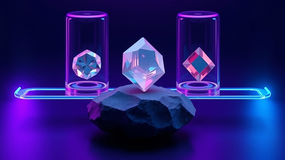 A rough stone passes through five glass chambers on a conveyor, each refining it, emerging as a polished gem at the end.
