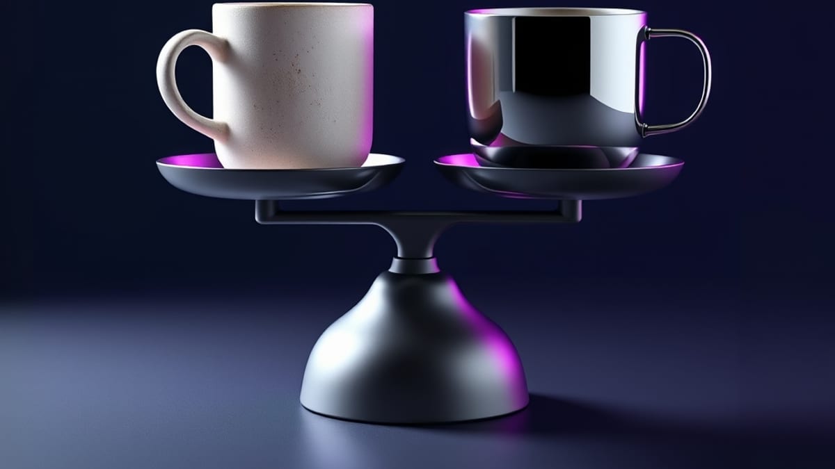 A balanced two-pan scale: a rough handmade ceramic mug on one side, a flawless polished steel cup on the other.
