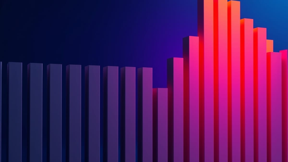 A row of identical grey bars that breaks into bars of many different heights, with warm light on the varied section.
