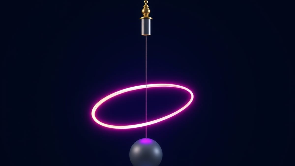A brass pendulum swings through darkness, its arc bending from a grey rigid path into a warm glowing ink curve.