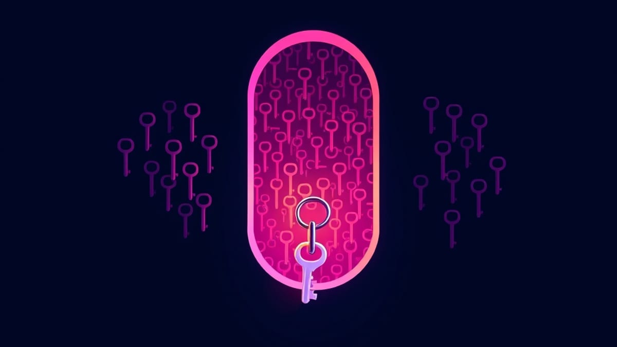 One glowing key sits in a large keyhole in a plain wall, while a dim tangle of many other keys fades behind it.