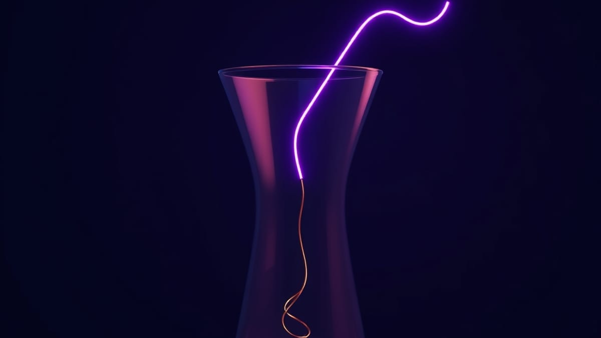 A messy scribbled line passes through a glass funnel and comes out as a neat straight line on the other side.