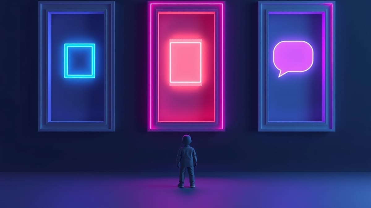 A small figure stands before three floating doors, each opening onto a different glowing shape: a picture, a photo, a speech 