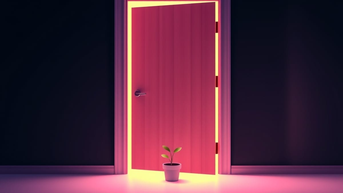 An open wooden door in a bare room, warm light spilling across the floor toward a small potted seedling.