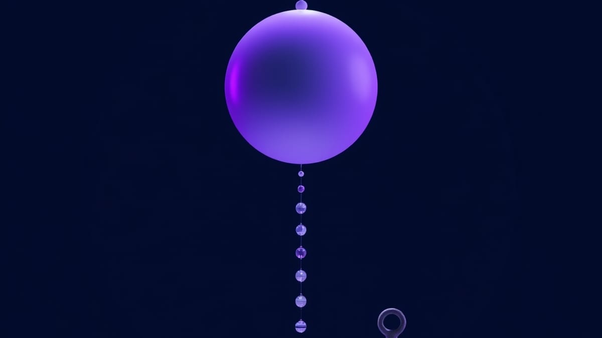 A glowing floating sphere beside a chain of glass beads descending to a solid stone anchor on a plain surface.