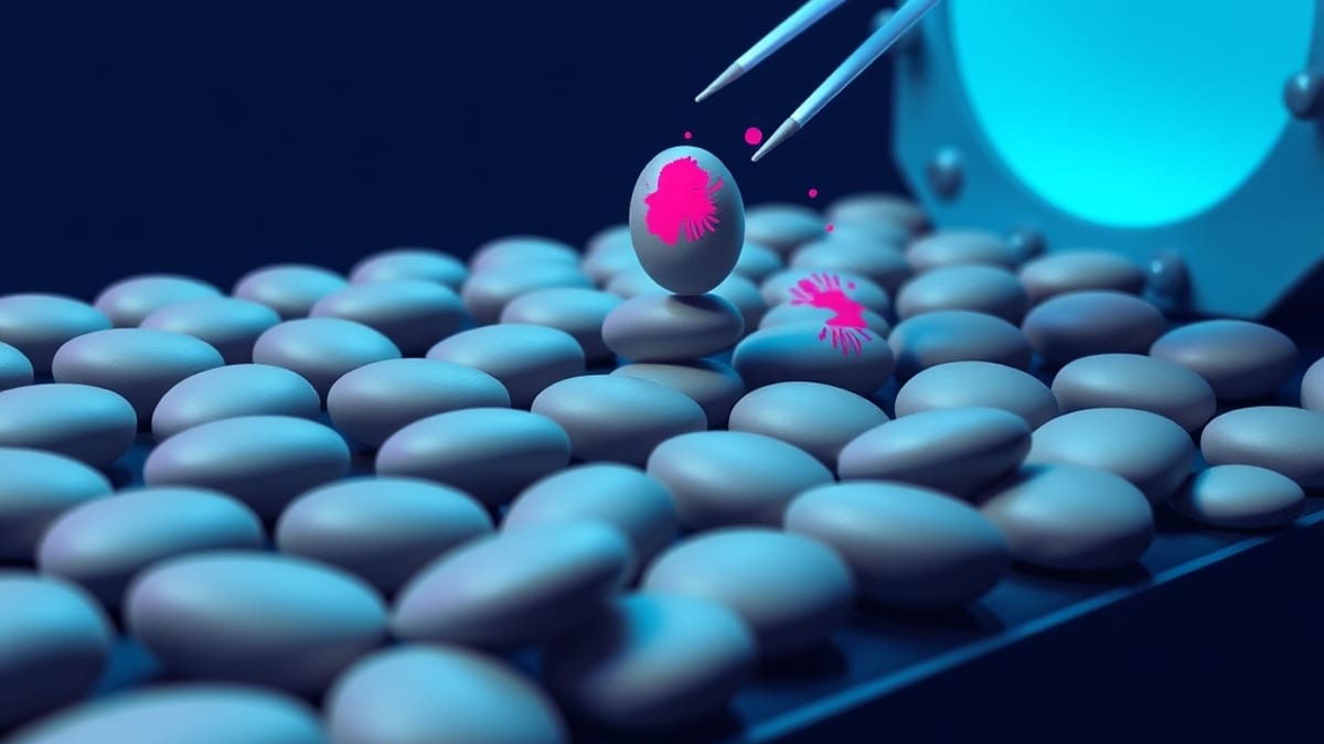Identical grey pebbles on a conveyor belt, one being painted with colorful fingerprints to stand out.