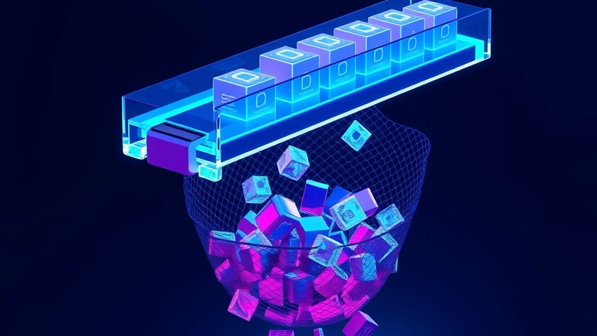 A glass conveyor belt carries glowing blocks over a sieve that catches broken, hollow fragments falling through the mesh.