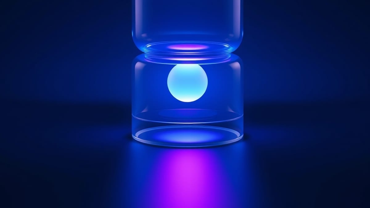 Three stacked translucent glass panels with a glowing orb passing downward, dimming at a gap in the middle layer.