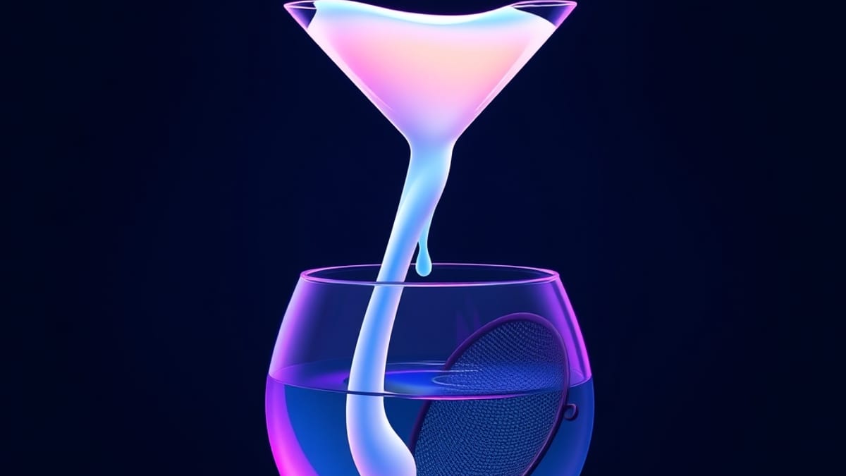 A glass funnel splits a glowing stream; one path pours clear into a basin while the other passes through a fine sieve trappin