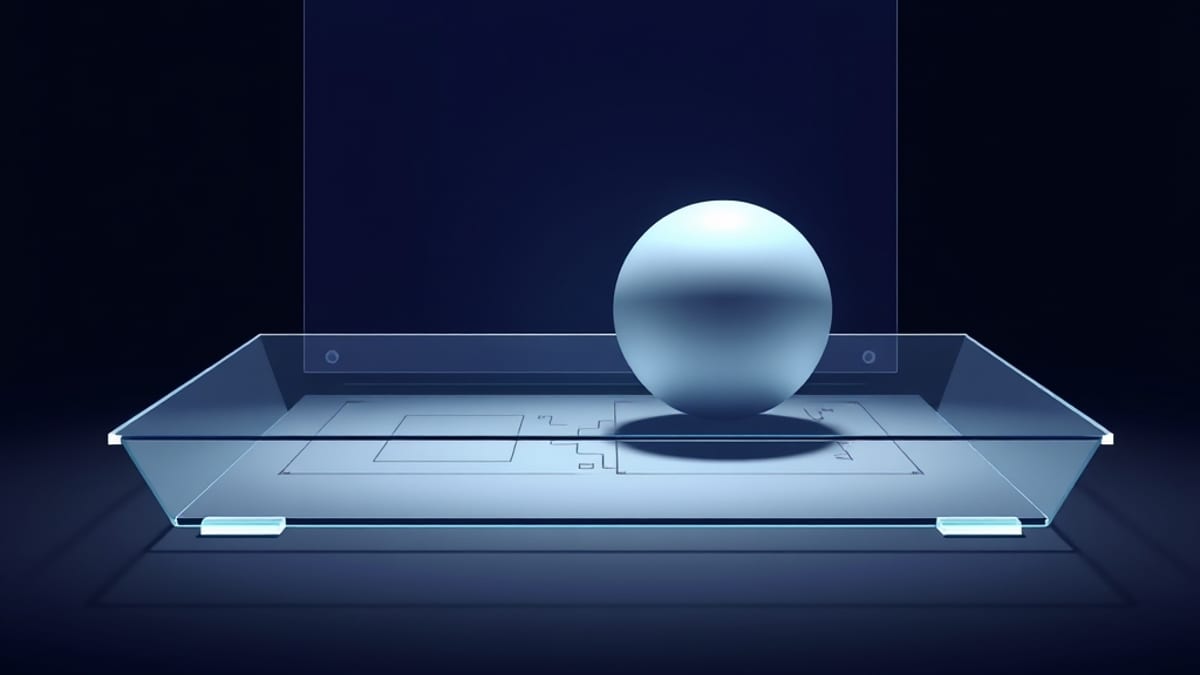 A rough wireframe sketch on a glass table lit by a beam, with a flawless polished sphere behind frosted glass.