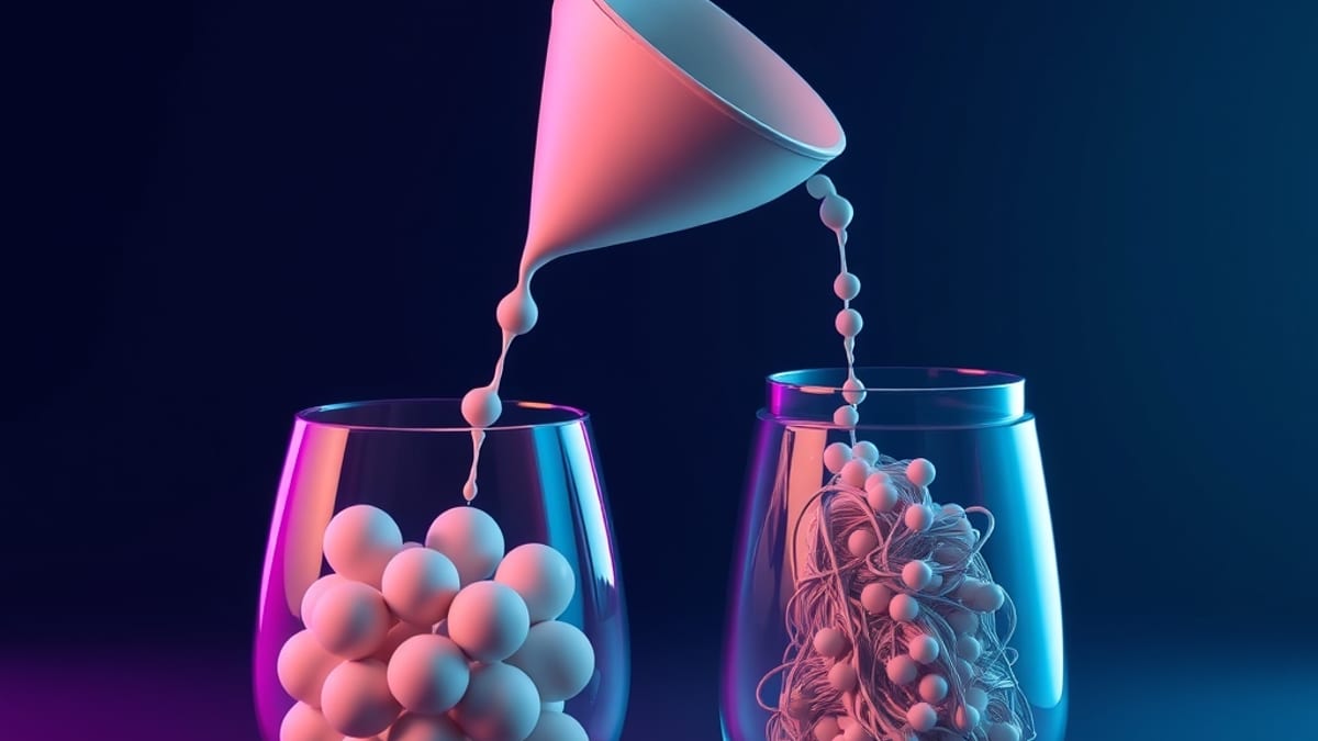 A funnel pouring liquid into two identical glass vessels, one filling with smooth uniform spheres and the other with a tangle