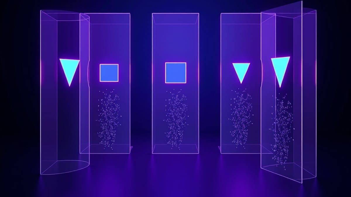 Glowing particles passing one by one through a row of translucent glass gates, each gate holding a single simple shape.