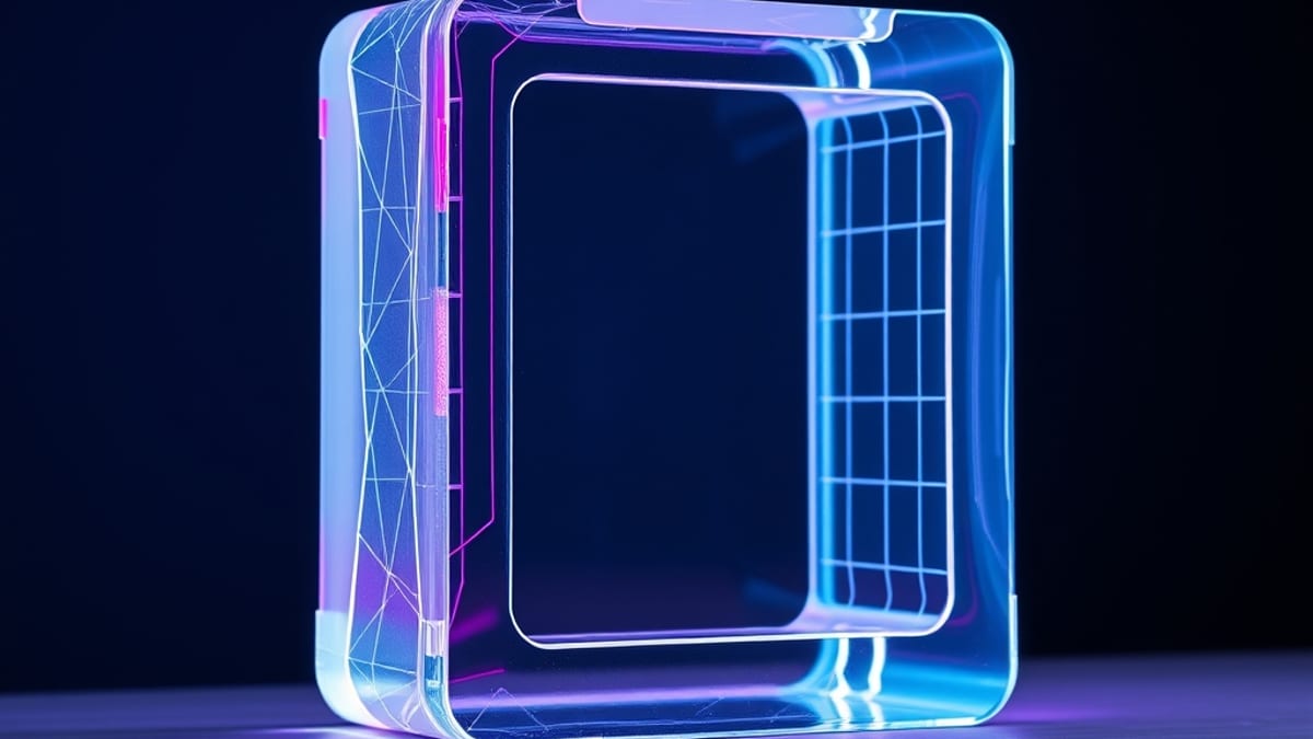 A polished glass brick beside a wireframe showing its hollow interior, lit to reveal the empty core.