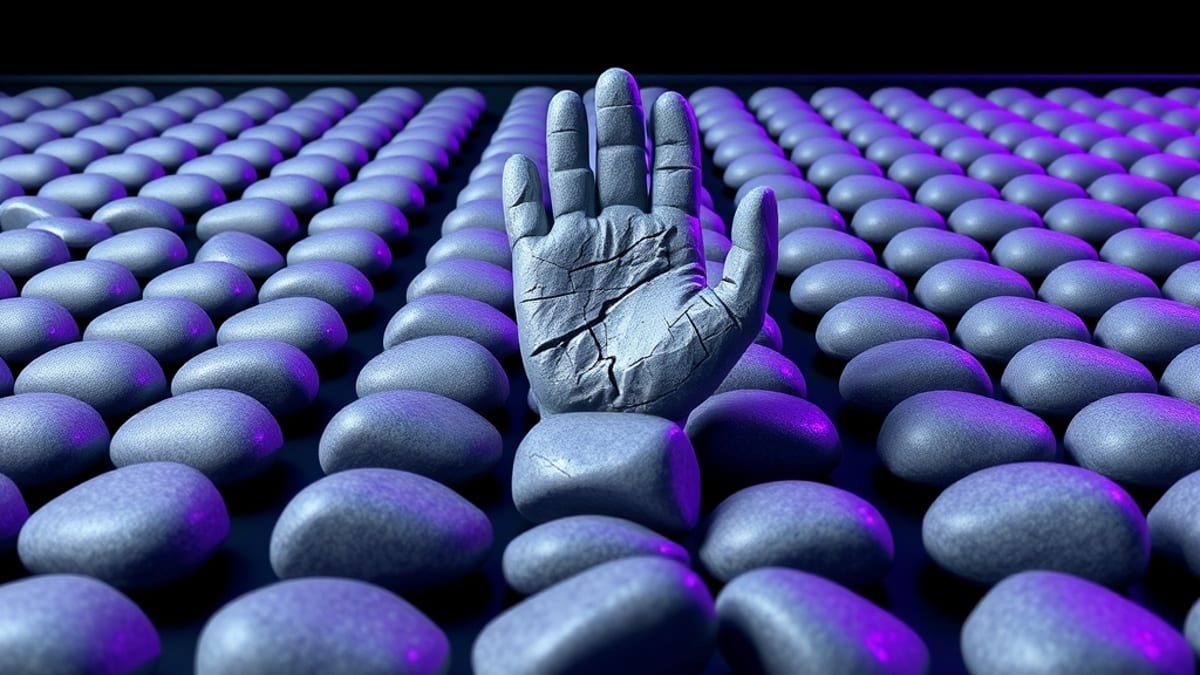 Uniform grey pebbles on a conveyor beside one jagged irregular rock with sharp edges and cracks.