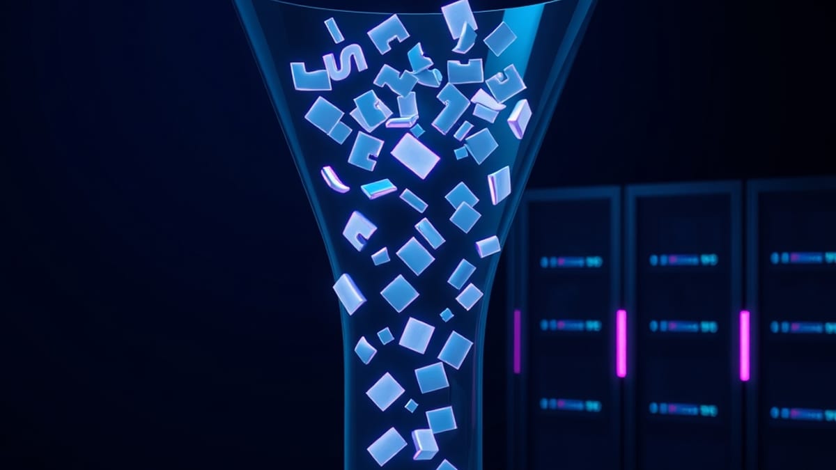 A glass funnel with a mesh screen catching glowing fragments while blank grey shapes pass through toward a distant server rac