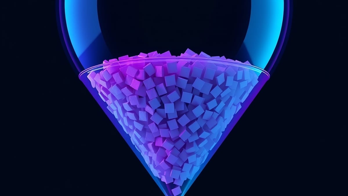 A glass funnel catching a stream of glowing paper tiles, releasing one neat ribbon below while stray tiles bounce off its rim
