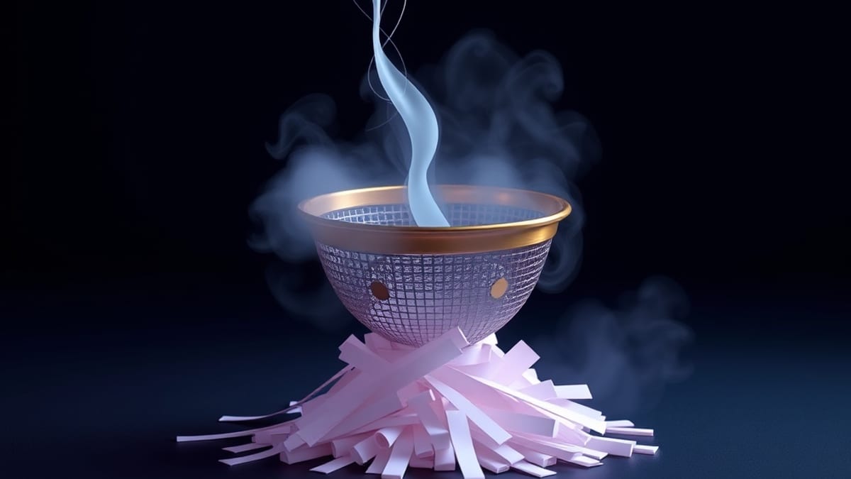 A tangled grey ribbon of fog squeezed through a small sieve with a few square holes, emerging as short crisp paper strips.