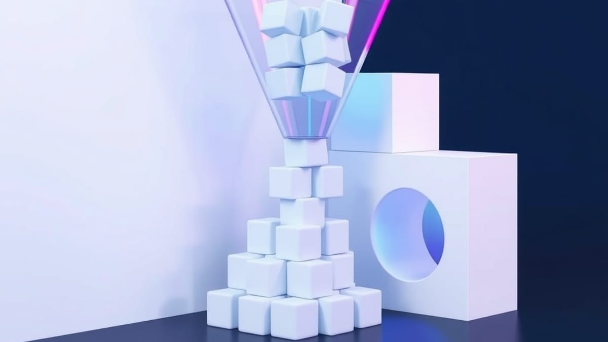 A glass funnel feeding pre-formed cubes into a wall of blank blocks, with a sealed side opening and identical cubes stacking 