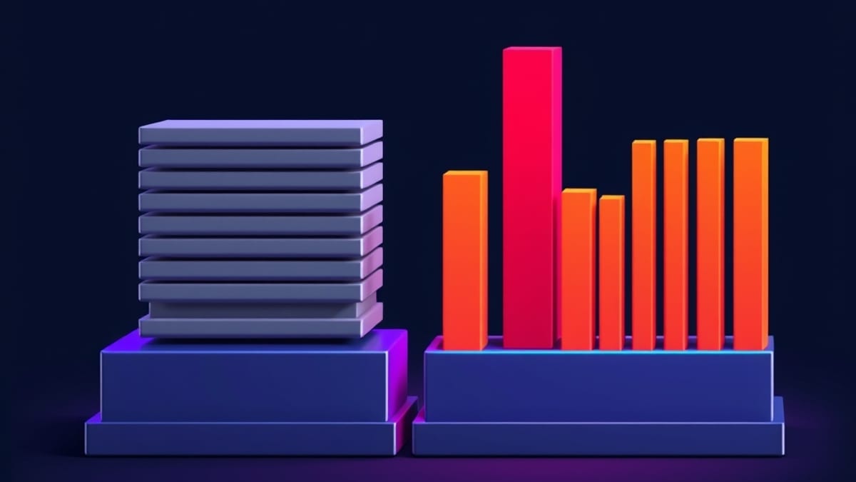 A printing press producing two stacks of bars: uniform gray ones on the left, varied colorful lengths on the right.