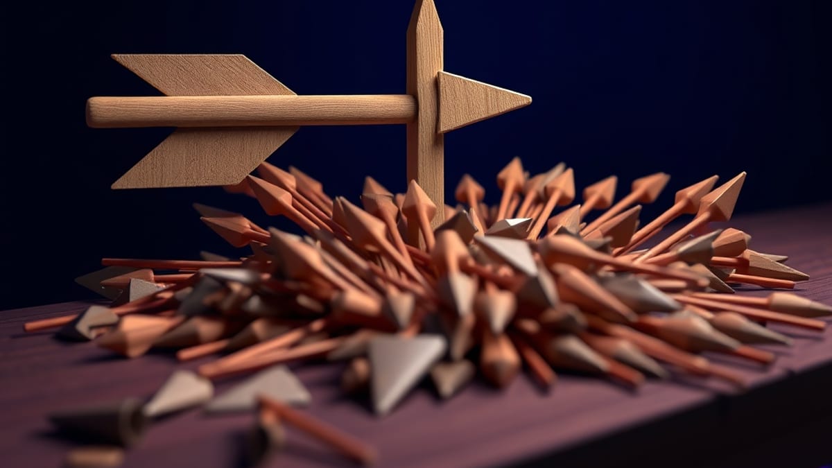 One wooden arrow being hand-sharpened with a chisel beside a pile of identical blunt arrows on a workbench.
