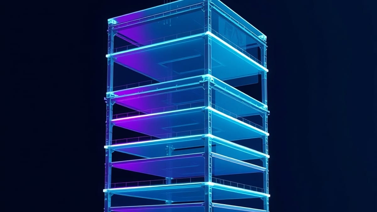 A glass tower built floor by floor inside a rigid steel frame, with one drifting slab pulled back on a taut cable.