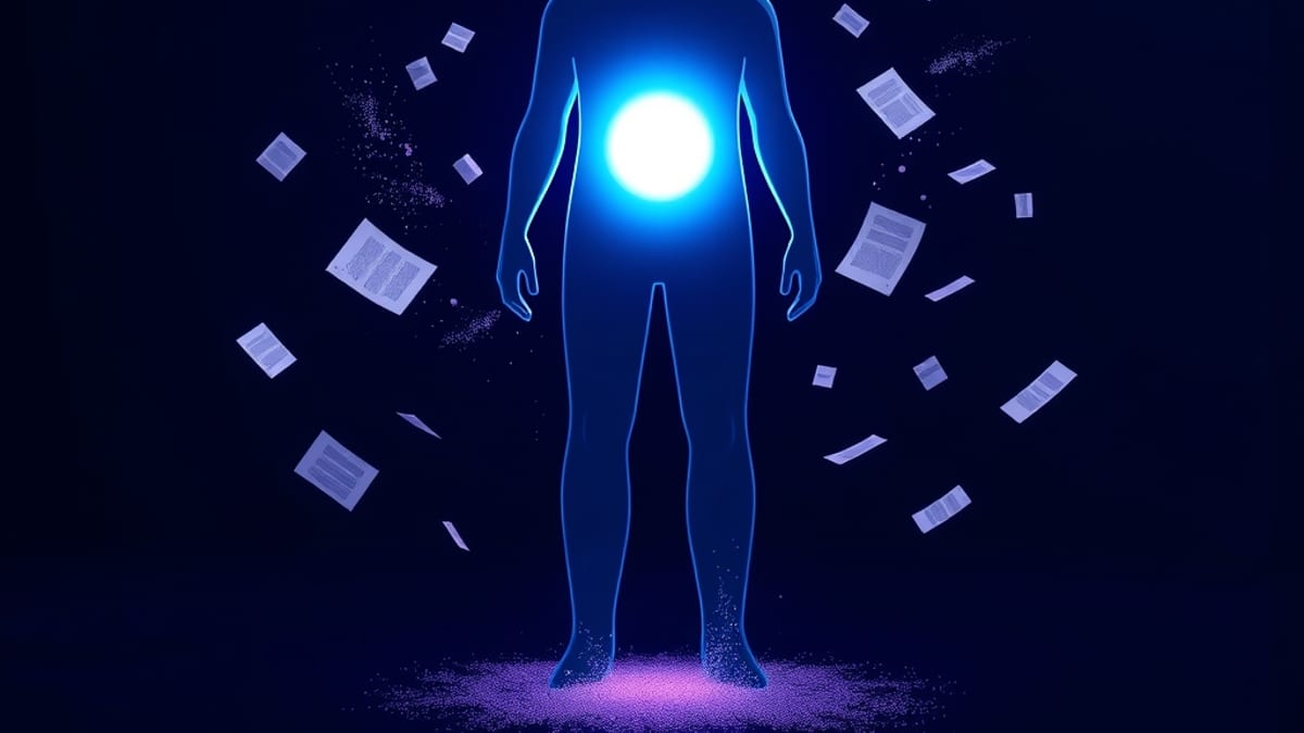 A translucent glass figure with a glowing solid core at its center, while paper documents around it dissolve into dust.