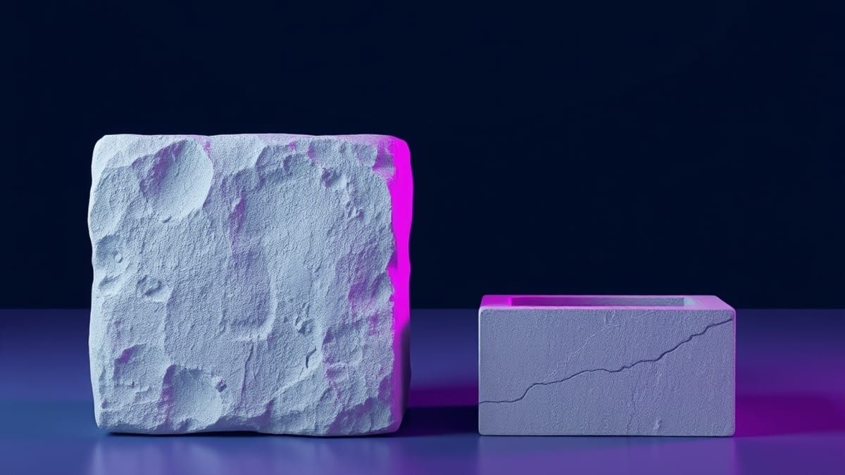 A rough stone block next to a precisely cut keyed block fitting into a matching recess on a grid.