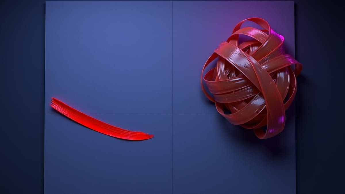 One clean red brushstroke on a faint grid beside a muddy tangle of overlapping strokes, lit from the left.