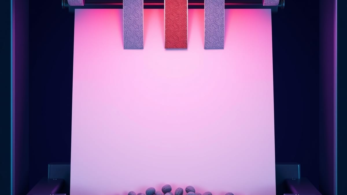 A printing press with five colored paper ribbons feeding one blank page, while unguided grey rectangles scatter loosely nearb