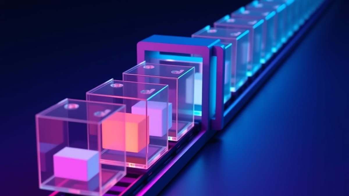 Small glass cubes on a track, each inspected and locked by a gate before the next moves; a finished block waits at the end.