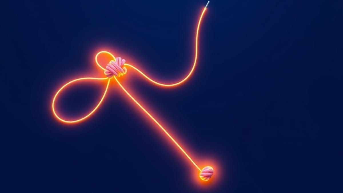 A tangled glowing thread unraveling into four separate straight strands, each ending in its own knot on a plain surface.