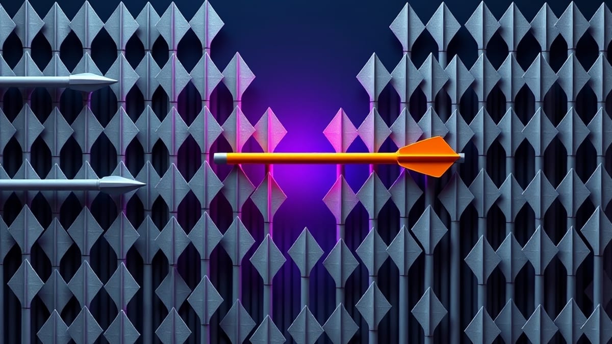 An amber arrow passing through a narrow gap in a wall of stacked blank paper sheets while grey arrows cluster behind it.
