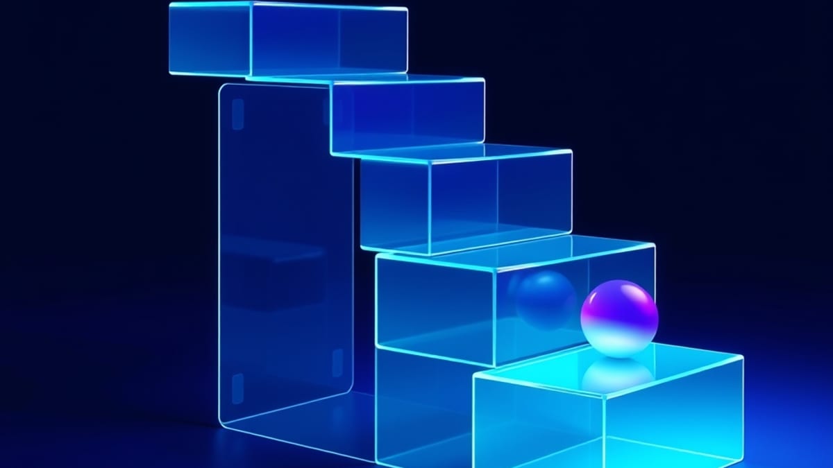 Translucent glass blocks forming a staircase, each step holding a small glowing sphere, ascending into shadow.